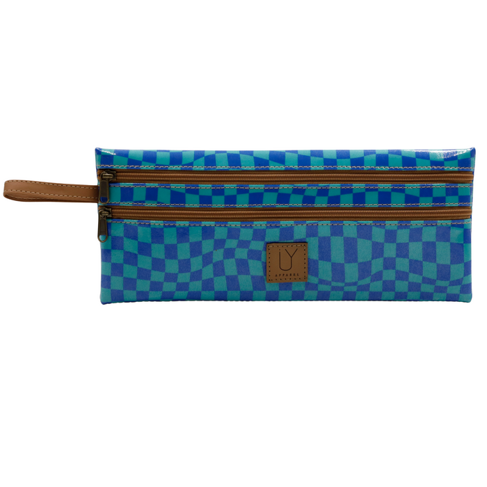 2 Zip Pencil Case - Warped Check Aqua