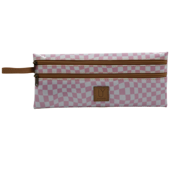 2 Zip Pencil Case - Warped Check Pink