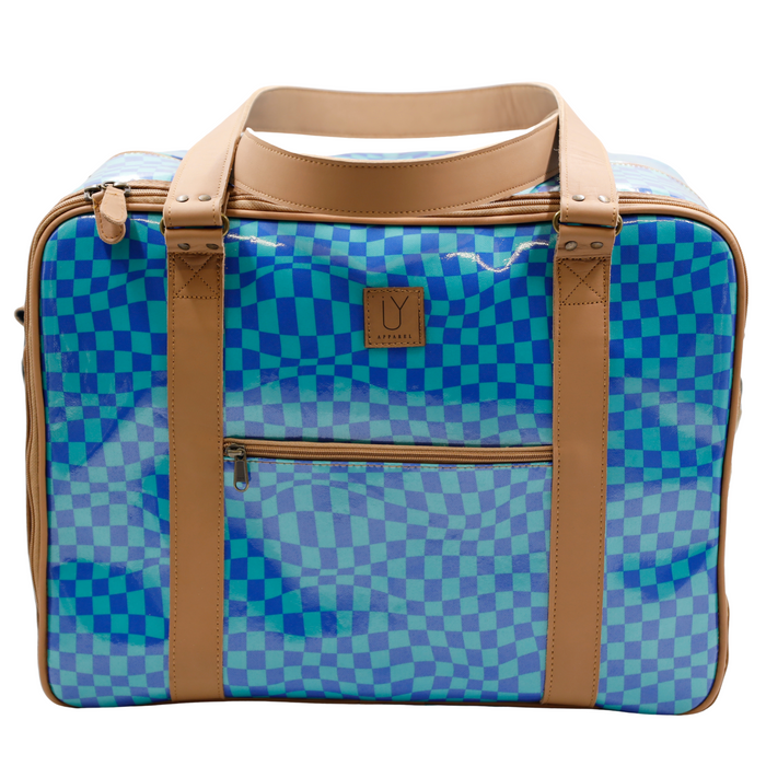 Overnight Bag with Leather Handles - Warped Check Aqua