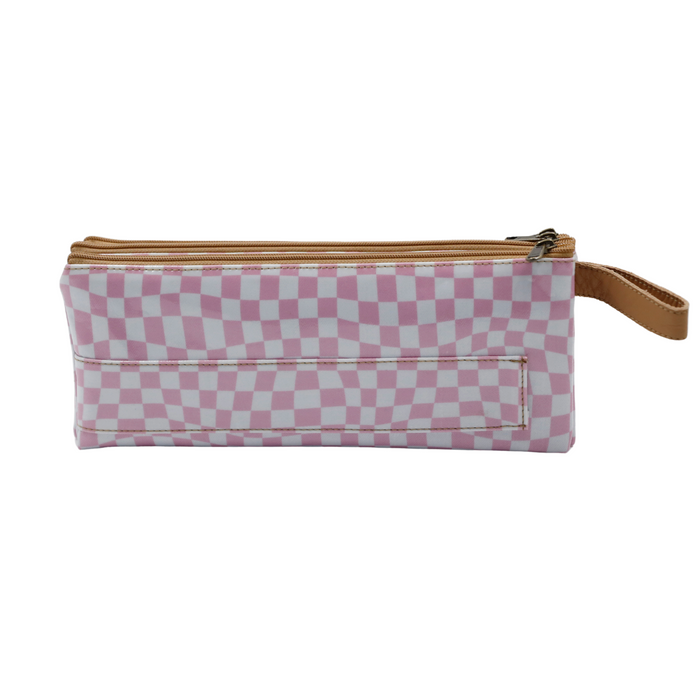3 Zip Pencil Case - Warped Check Pink