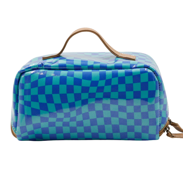 Large Cosmetic Bag - Warped Check Aqua