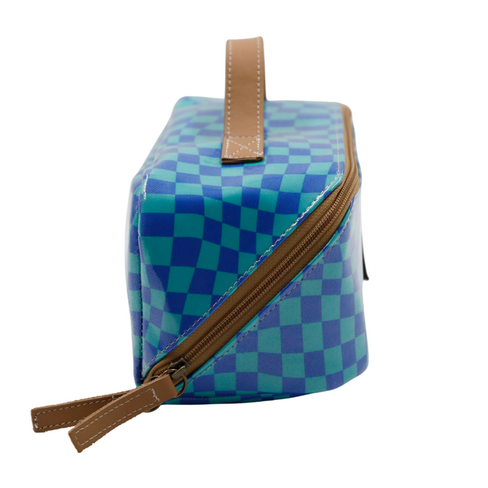 Large Cosmetic Bag - Warped Check Aqua