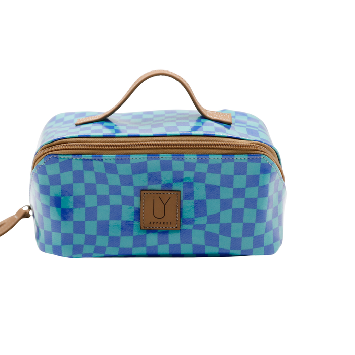 Large Cosmetic Bag - Warped Check Aqua