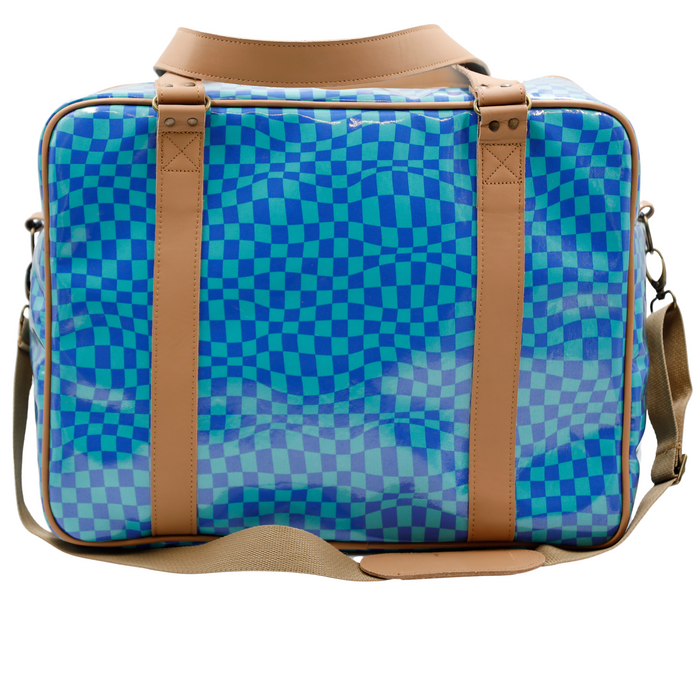 Overnight Bag with Leather Handles - Warped Check Aqua