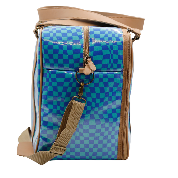 Overnight Bag with Leather Handles - Warped Check Aqua
